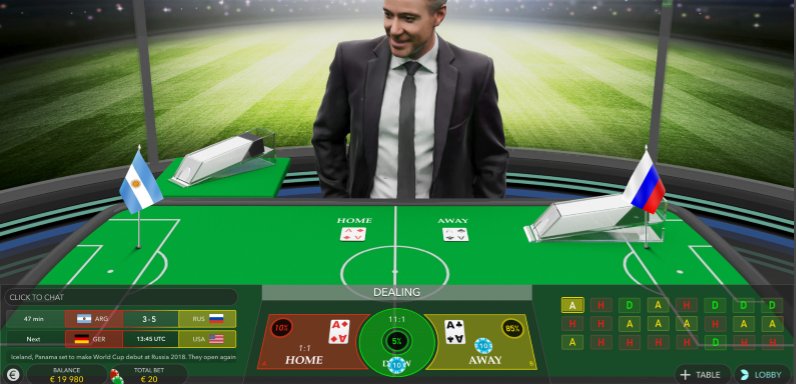 Mesa do Football Studio: cartas da Casa e do Visitante, apostas Home, Draw e Away e histórico de resultados